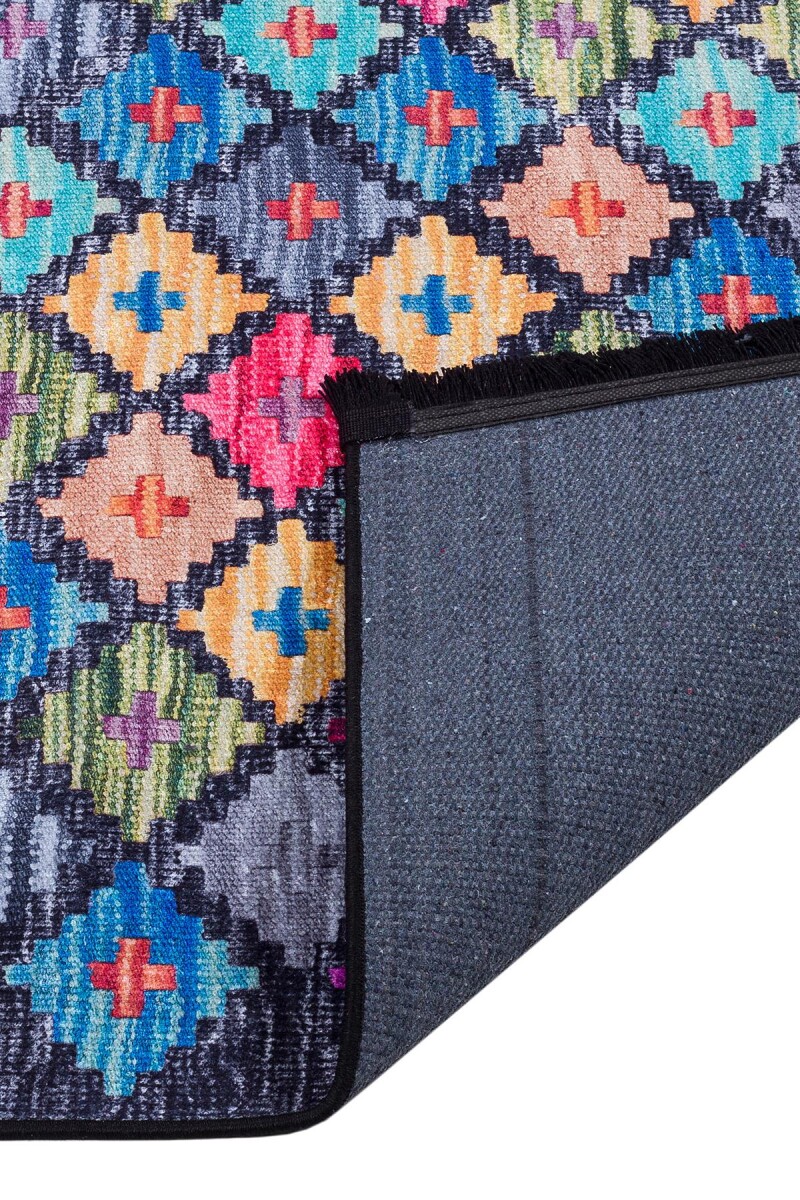 Frenda Home Kilim Desen Pamuk Taban Baskılı Halı Siyah - 5