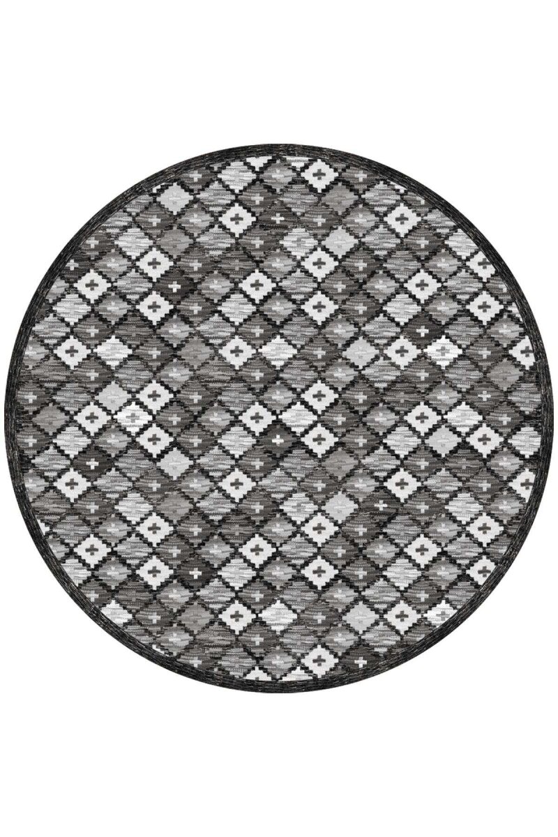 Frenda Home Kilim Desen Pamuk Taban Baskılı Yuvarlak Halı Gri 