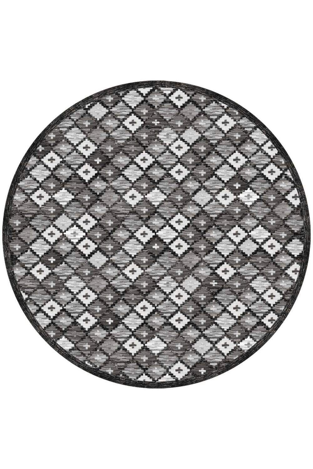 Frenda Home Kilim Desen Pamuk Taban Baskılı Yuvarlak Halı Gri - 1