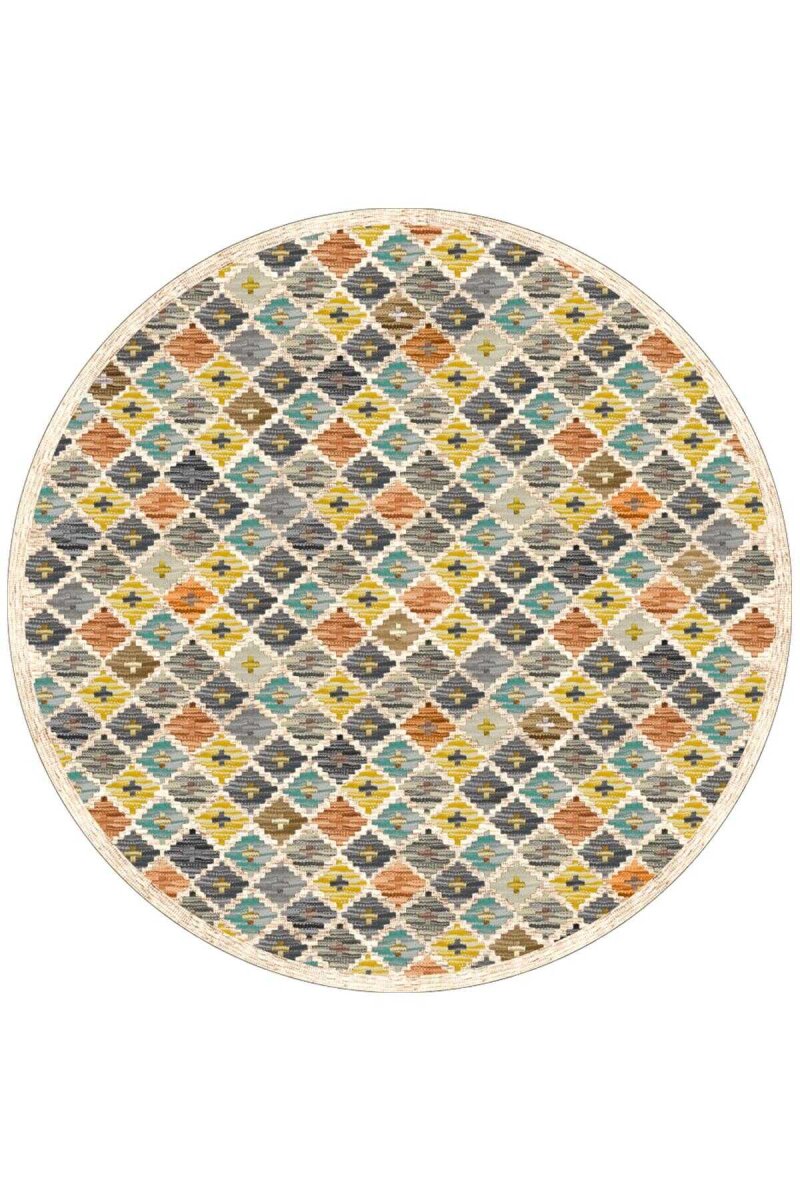 Frenda Home Kilim Desen Pamuk Taban Baskılı Yuvarlak Halı Krem - Frenda