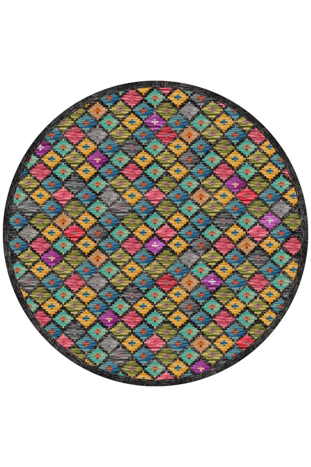 Frenda Home Kilim Desen Pamuk Taban Baskılı Yuvarlak Halı Siyah - 1