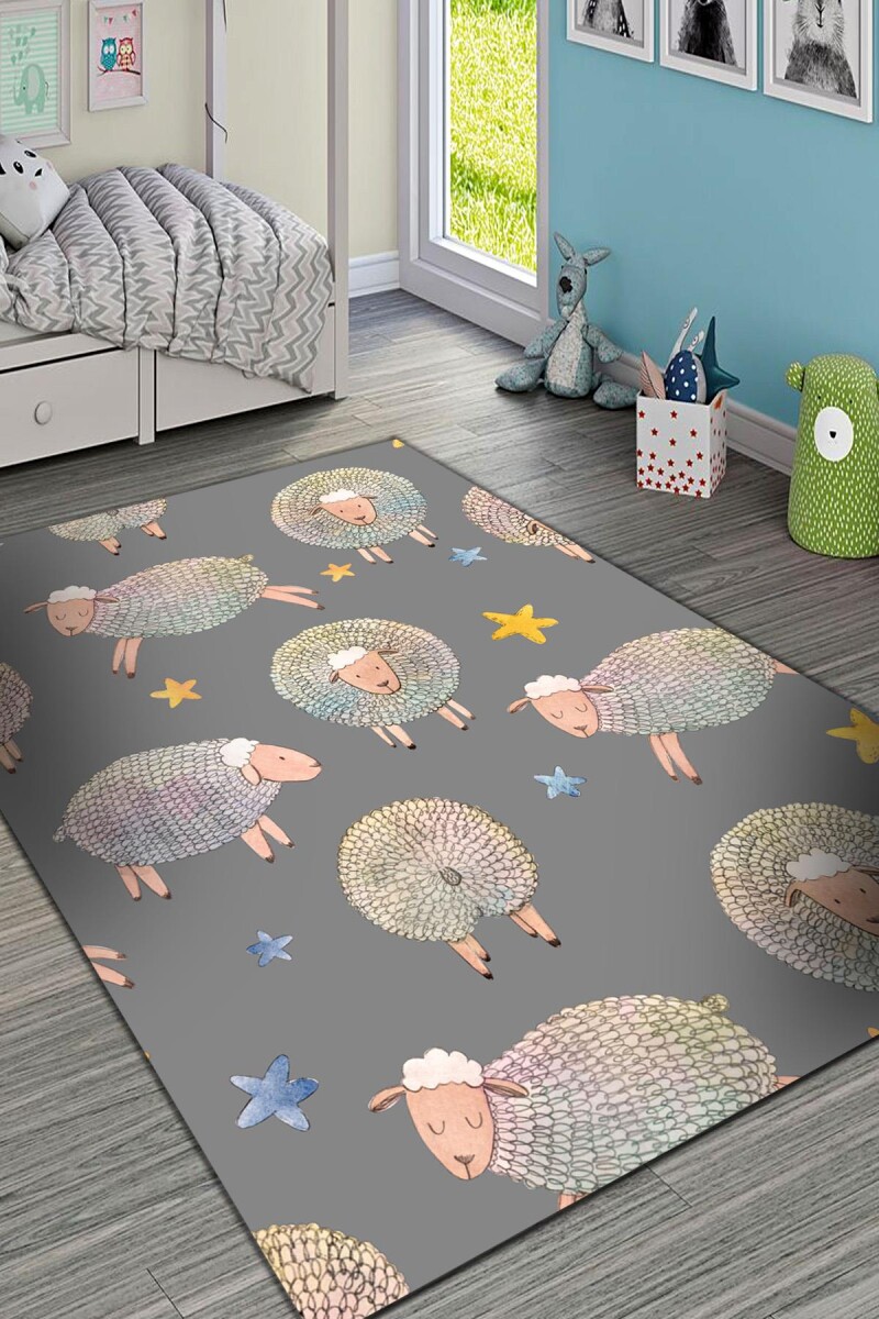 Frenda Home Koyun Desenli Kaymaz Deri Taban Çocuk Ve Bebek Halısı Gri - Frenda