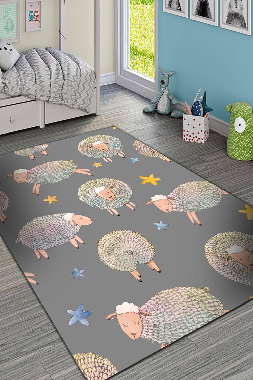 Frenda Home Koyun Desenli Kaymaz Deri Taban Çocuk Ve Bebek Halısı Gri - 1