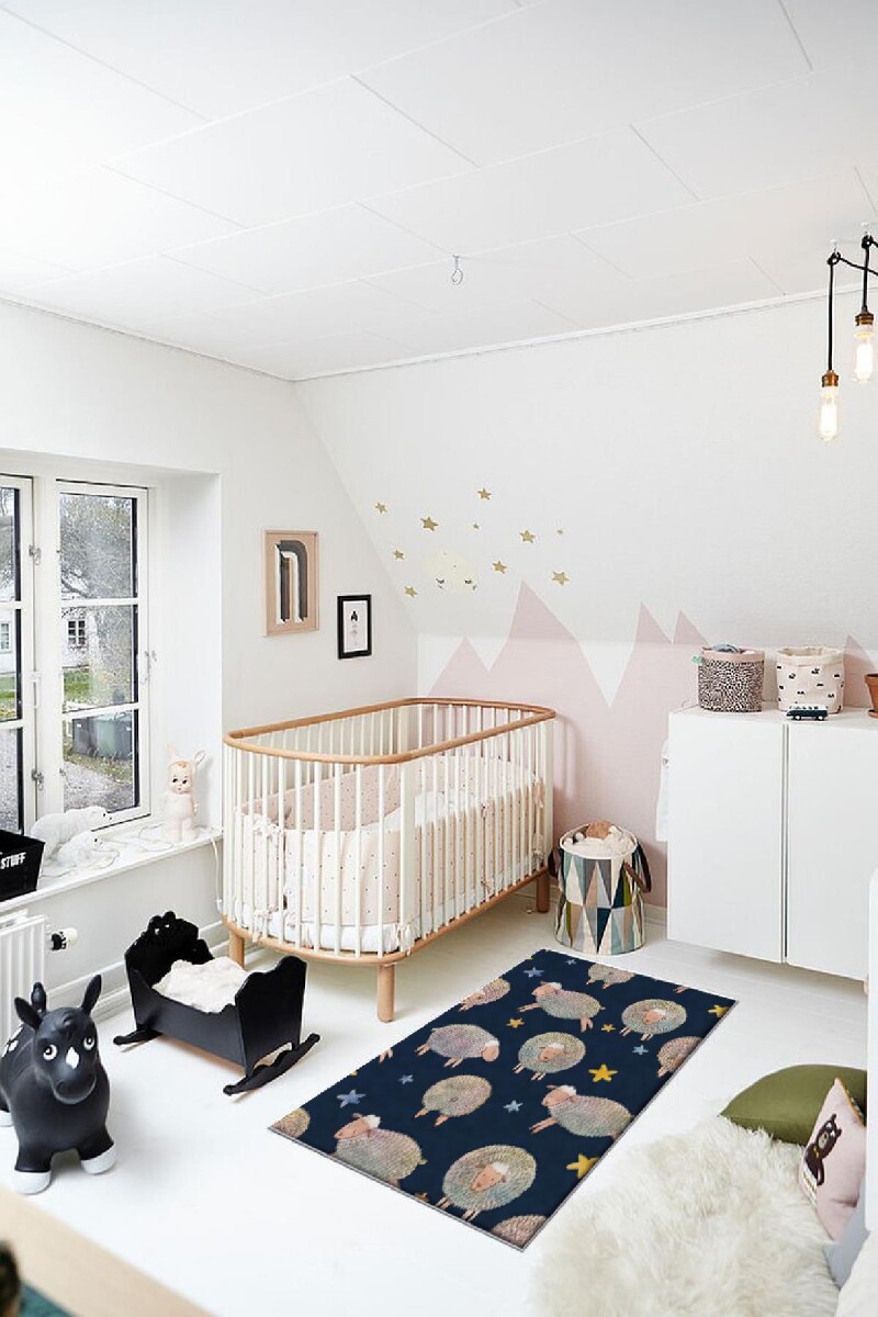 Frenda Home Koyun Desenli Kaymaz Deri Taban Çocuk Ve Bebek Halısı Lacivert 