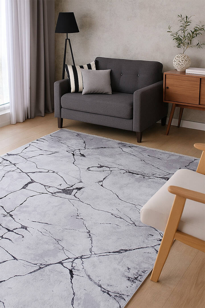 Frenda Home Mermer Desen Kaymaz Deri Taban Baskılı Halı Gri - 1