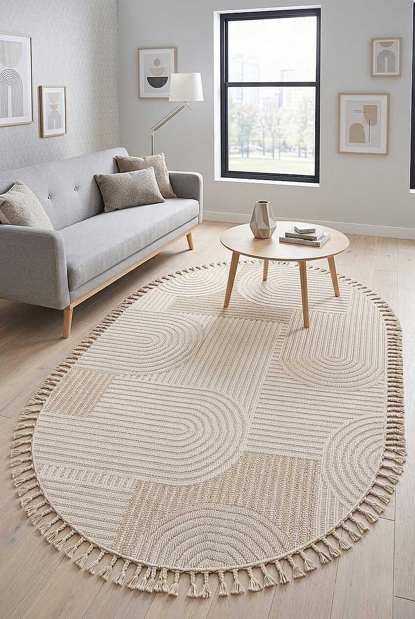Frenda Home Oslo Pinterest İskandinav Desenli Oval Halı 19481 Bej