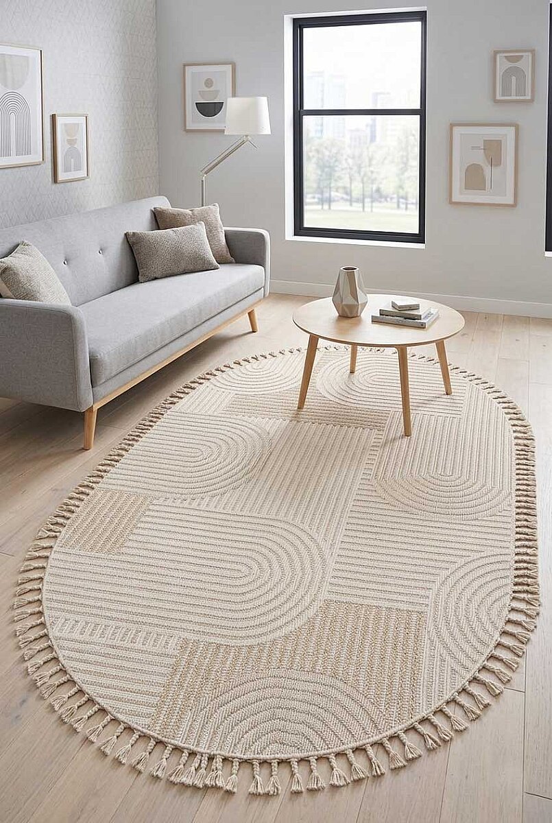 Frenda Home Oslo Pinterest İskandinav Desenli Oval Halı 19481 Bej - Frenda
