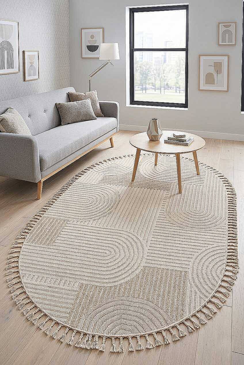 Frenda Home Oslo Pinterest İskandinav Desenli Oval Halı 19481 Bej - 1