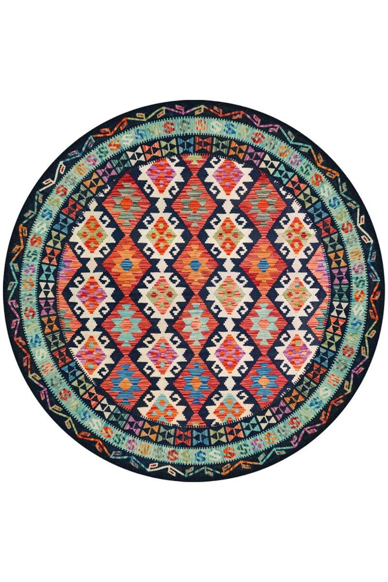 Frenda Home Renkli Kilim Desen Pamuk Taban Yuvarlak Halı - Frenda