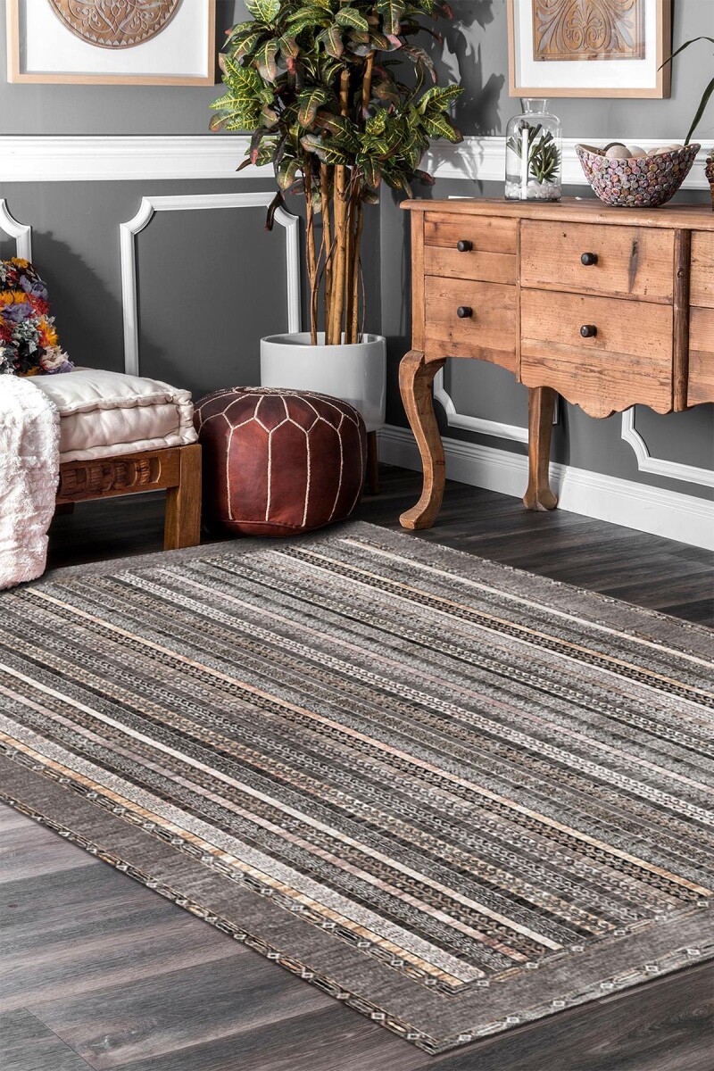 Frenda Home Şal Desen Pamuk Taban Yıkanabilir Halı Gri 