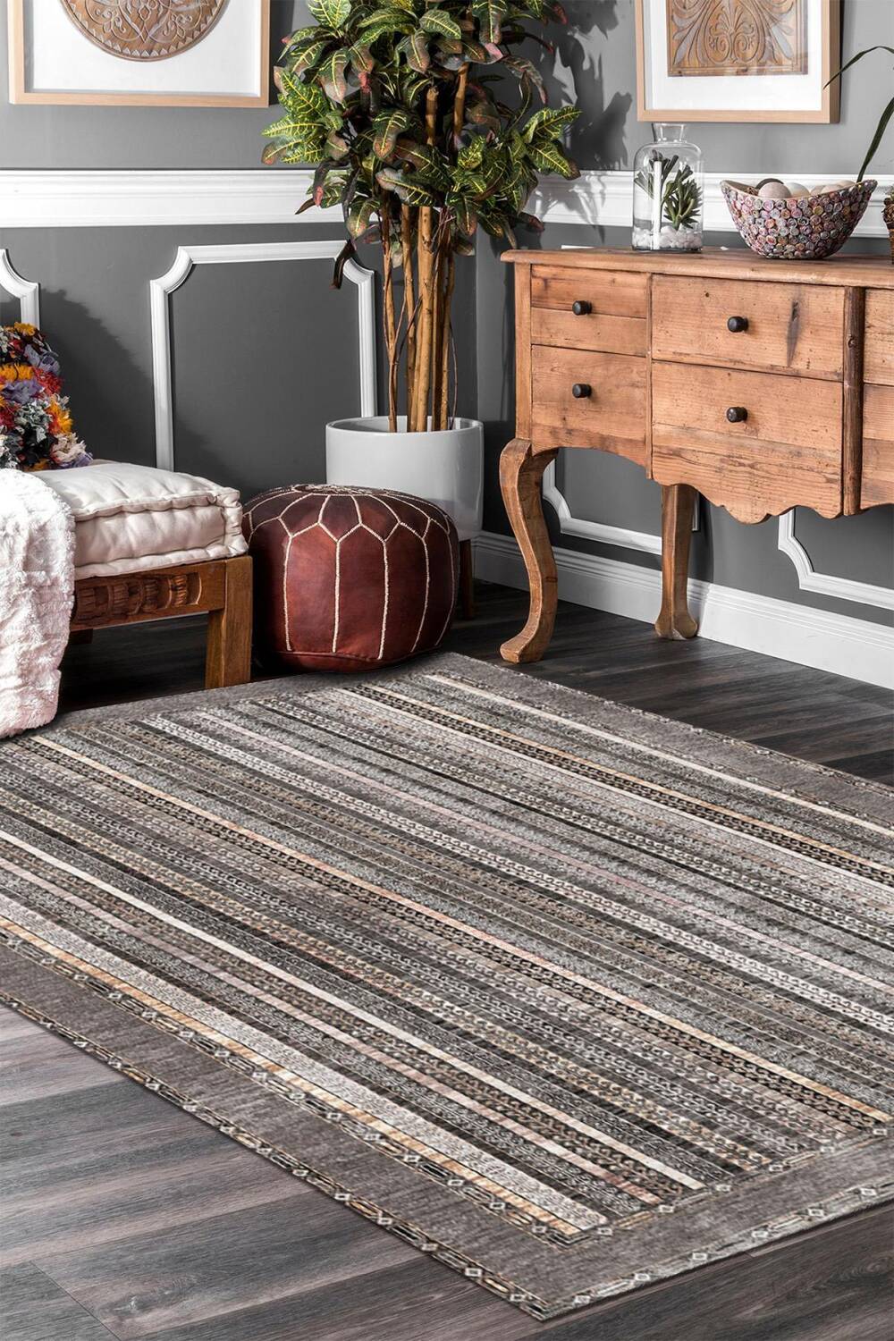 Frenda Home Şal Desen Pamuk Taban Yıkanabilir Halı Gri - 1