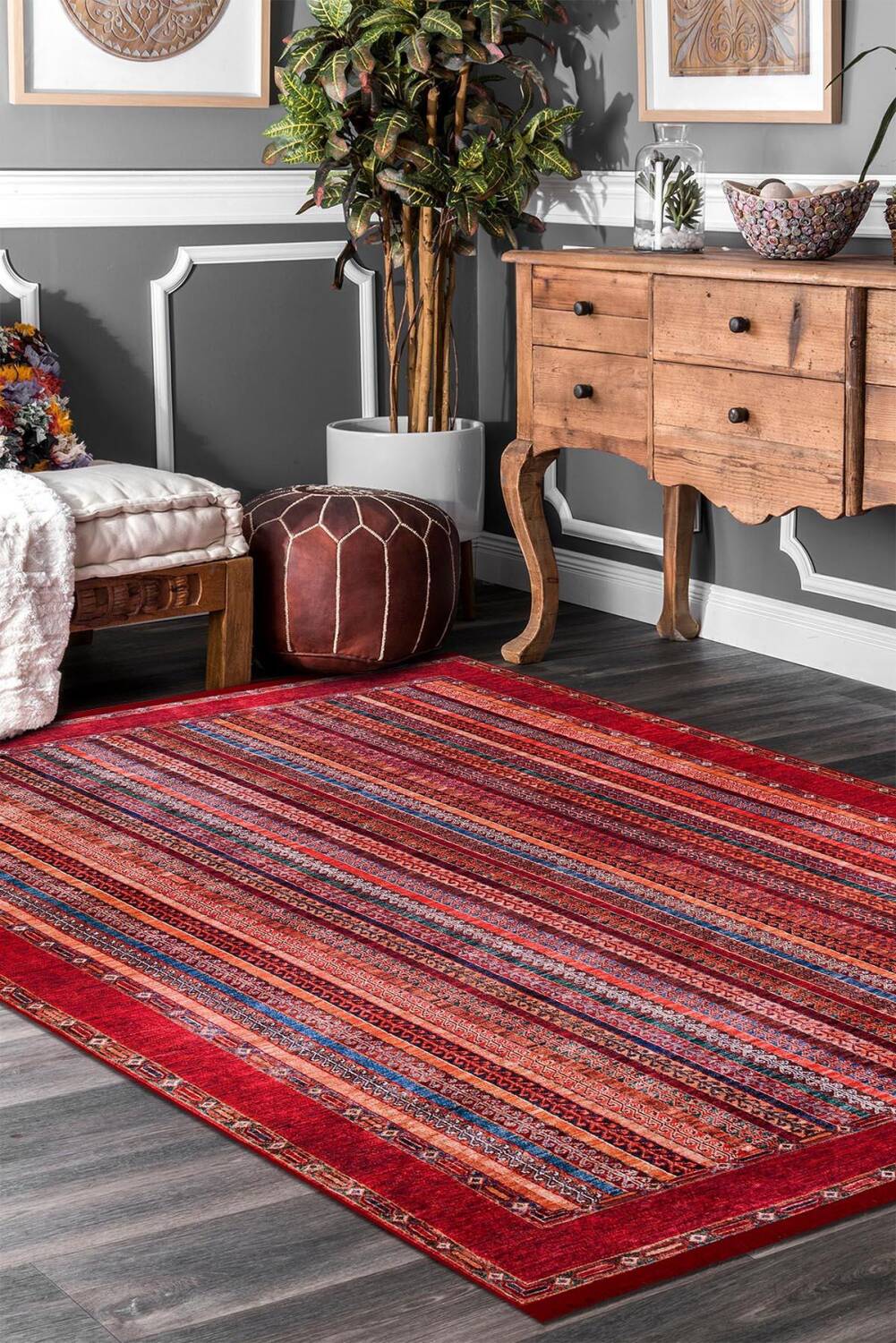 Frenda Home Şal Desen Pamuk Taban Yıkanabilir Halı Kırmızı - 1