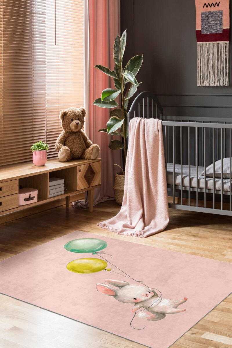 Frenda Home Tavşan Desenli Kaymaz Deri Taban Çocuk Odası Halısı Pembe - Frenda