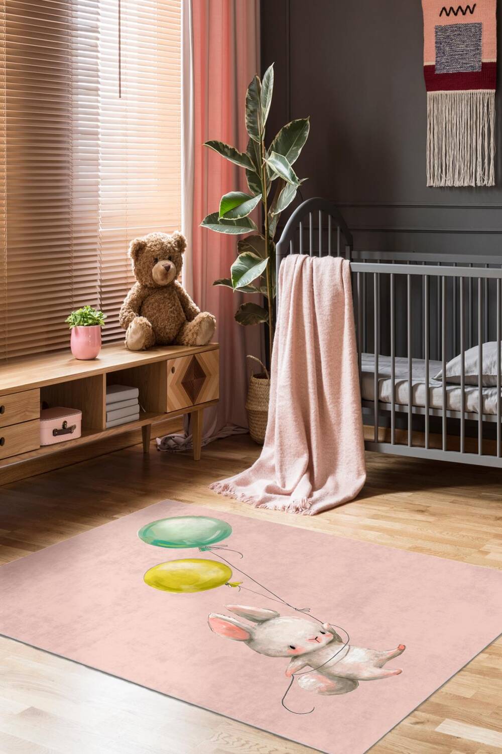 Frenda Home Tavşan Desenli Kaymaz Deri Taban Çocuk Odası Halısı Pembe - 1