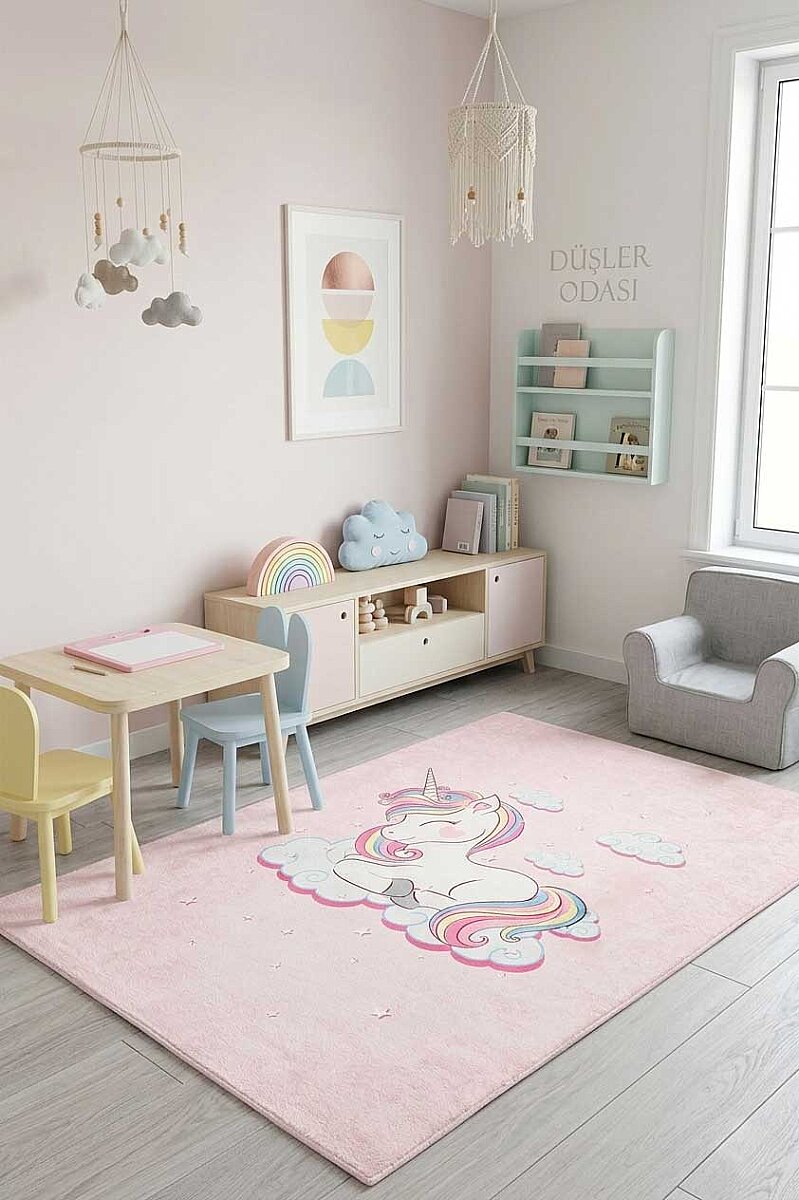 Frenda Home Unıcorn Pamuk Taban Dekoratif Baskılı Çocuk Odası Halısı Pembe - Frenda