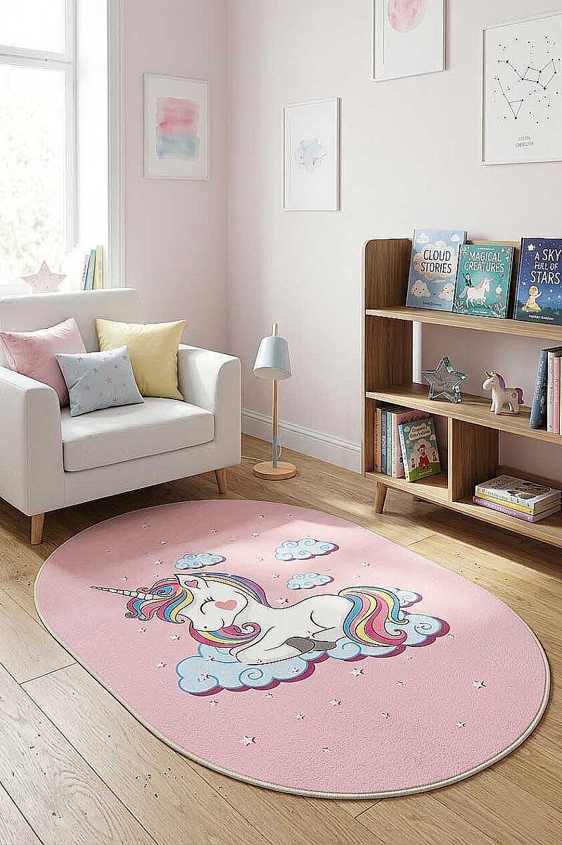 Frenda Home Unıcorn Pamuk Taban Dekoratif Baskılı Çocuk Odası Oval Halı Pembe 