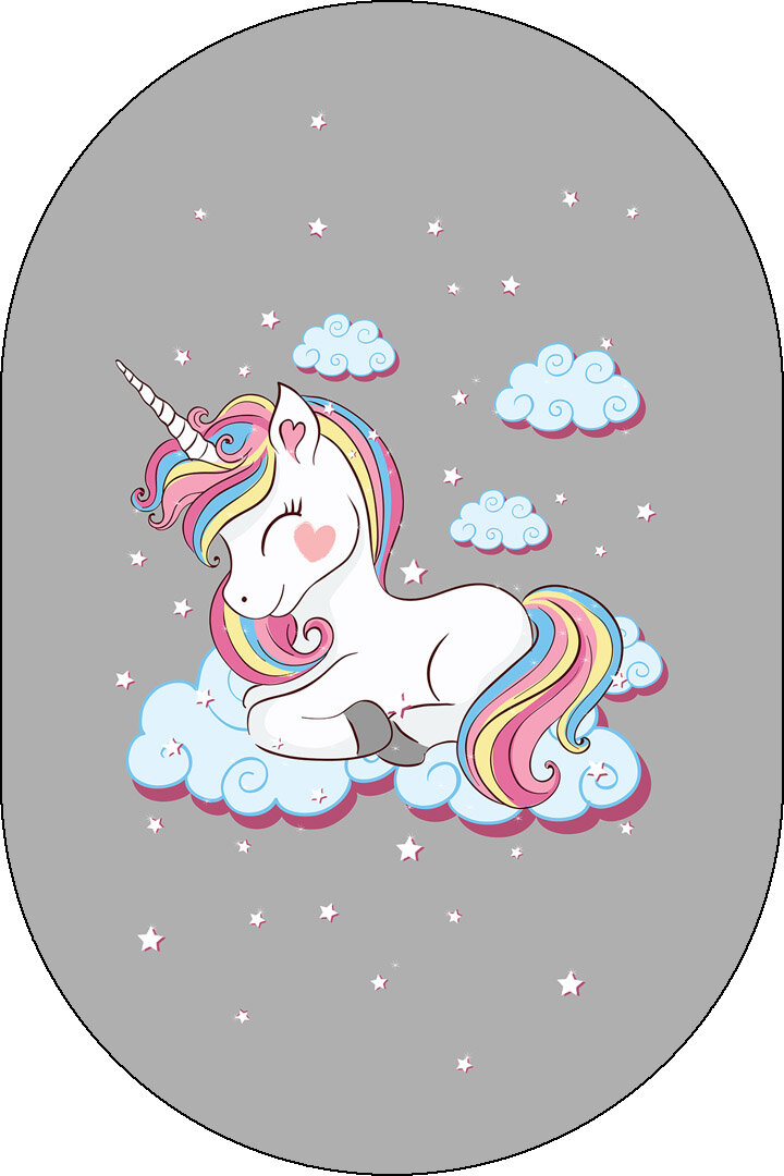 Frenda Home Unıcorn Pamuk Taban Dekoratif Baskılı Oval Çocuk Odası Halısı Gri - Frenda