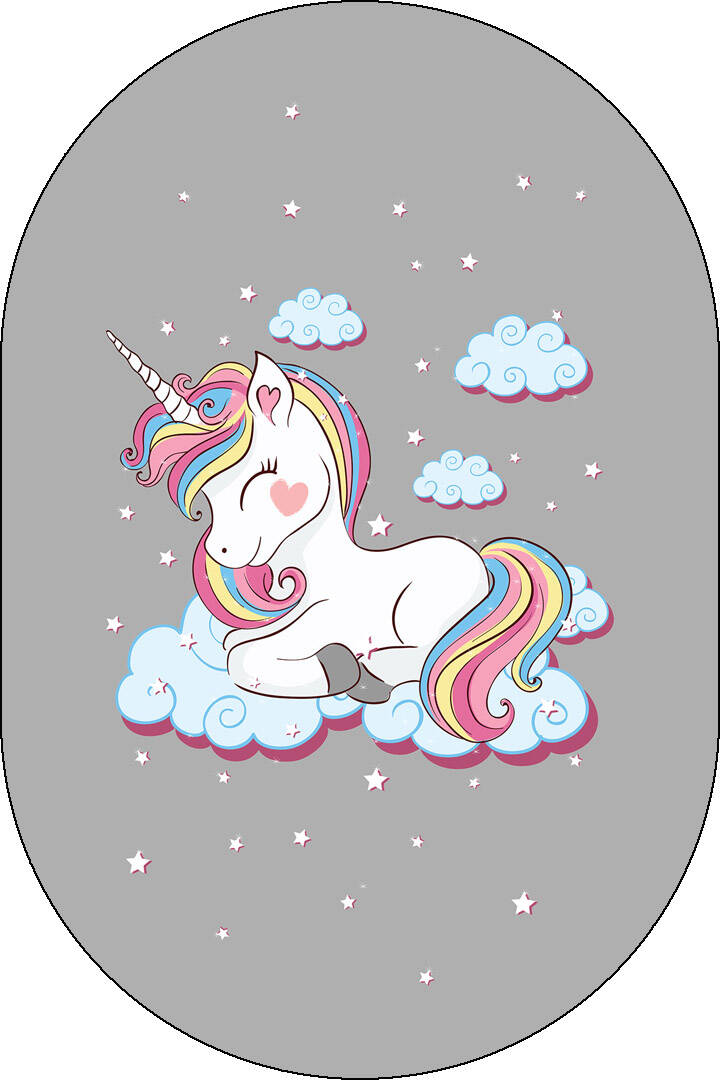 Frenda Home Unıcorn Pamuk Taban Dekoratif Baskılı Oval Çocuk Odası Halısı Gri - 1