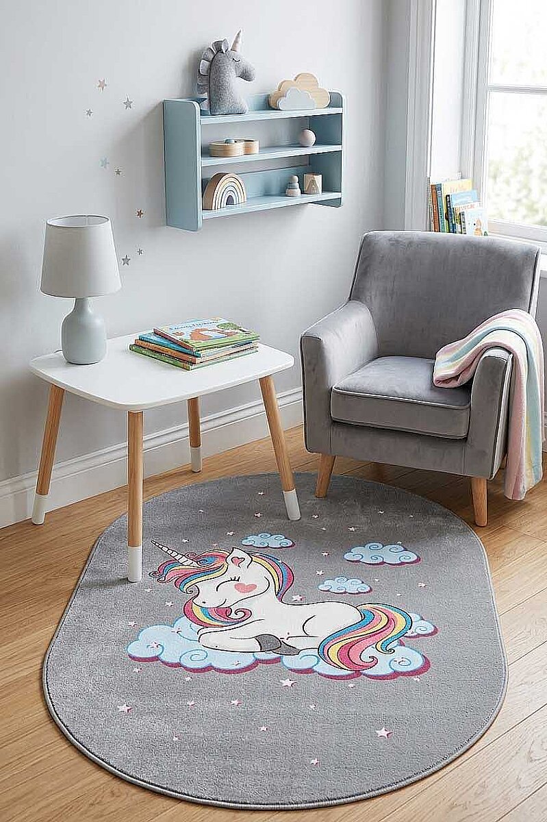 Frenda Home Unıcorn Pamuk Taban Dekoratif Baskılı Oval Çocuk Odası Halısı Gri 