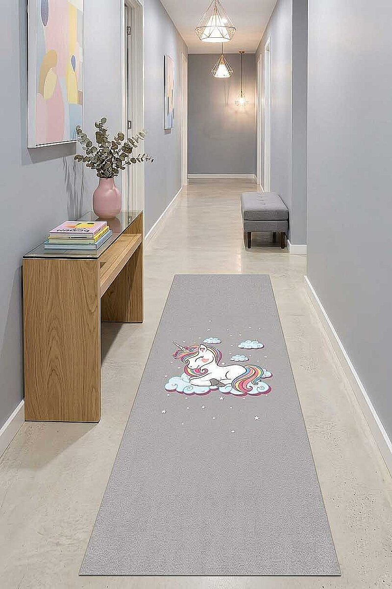 Frenda Home Unıcorn Pamuk Taban Dekoratif Baskılı Özel Ölçü Çocuk Odası Yolluk Halı Gri 