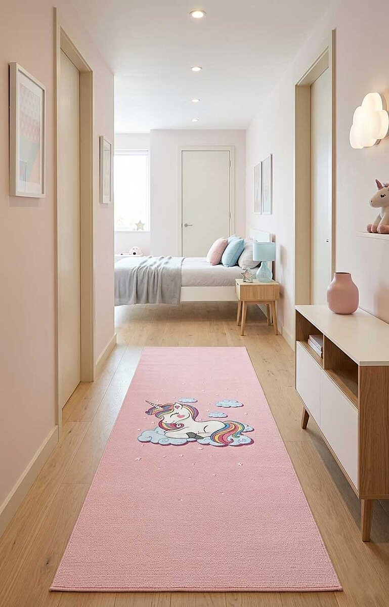 Frenda Home Unıcorn Pamuk Taban Dekoratif Baskılı Özel Ölçü Çocuk Odası Yolluk Halı Pembe - Frenda