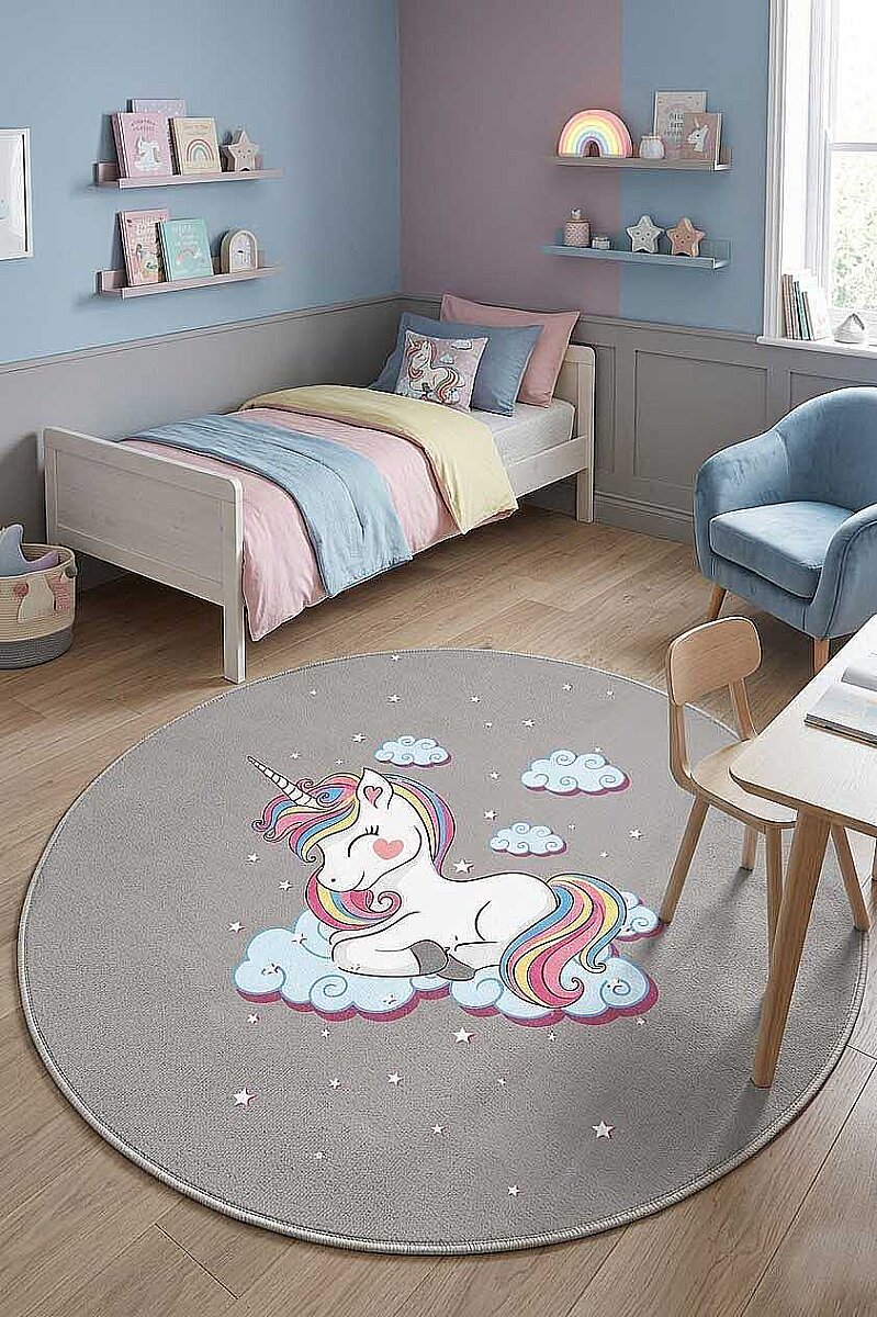 Frenda Home Unıcorn Pamuk Taban Dekoratif Baskılı Yuvarlak Çocuk Odası Halısı Gri 