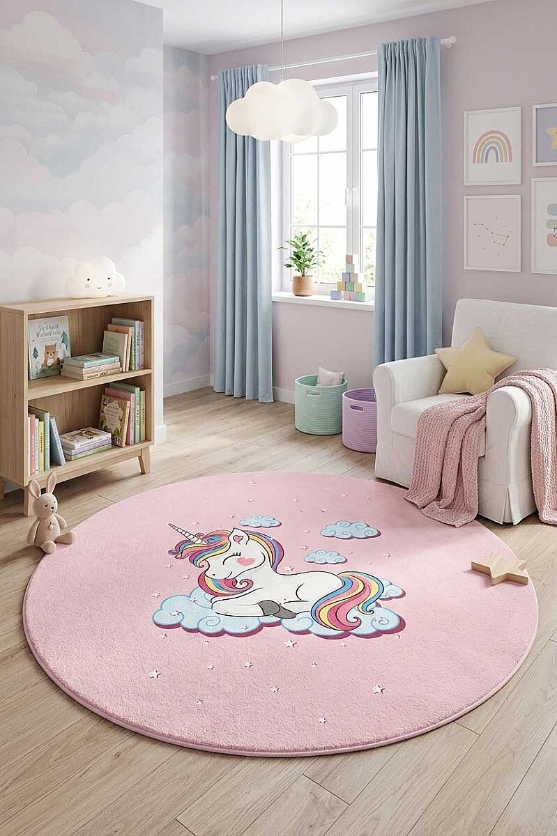 Frenda Home Unıcorn Pamuk Taban Dekoratif Baskılı Yuvarlak Çocuk Odası Halısı Pembe - Frenda