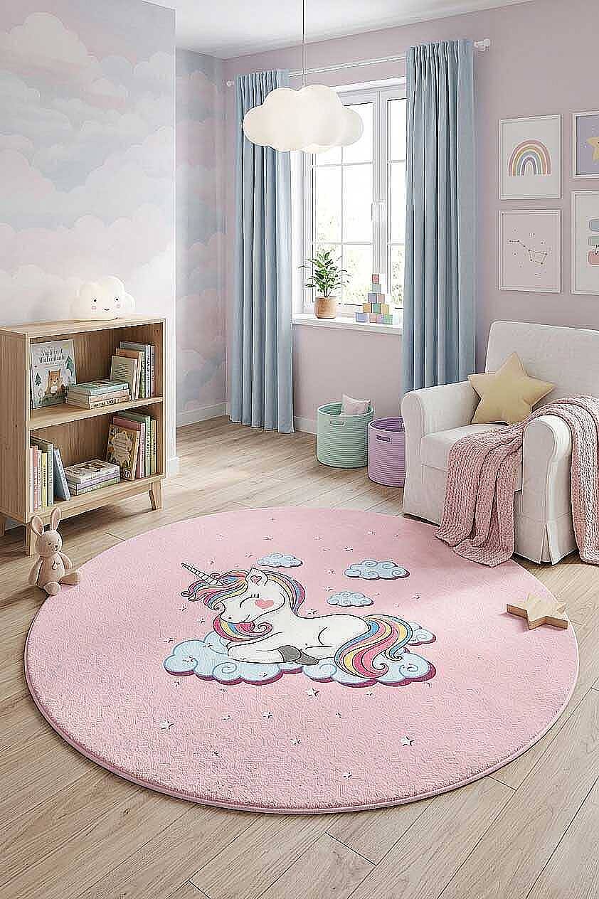 Frenda Home Unıcorn Pamuk Taban Dekoratif Baskılı Yuvarlak Çocuk Odası Halısı Pembe - 1