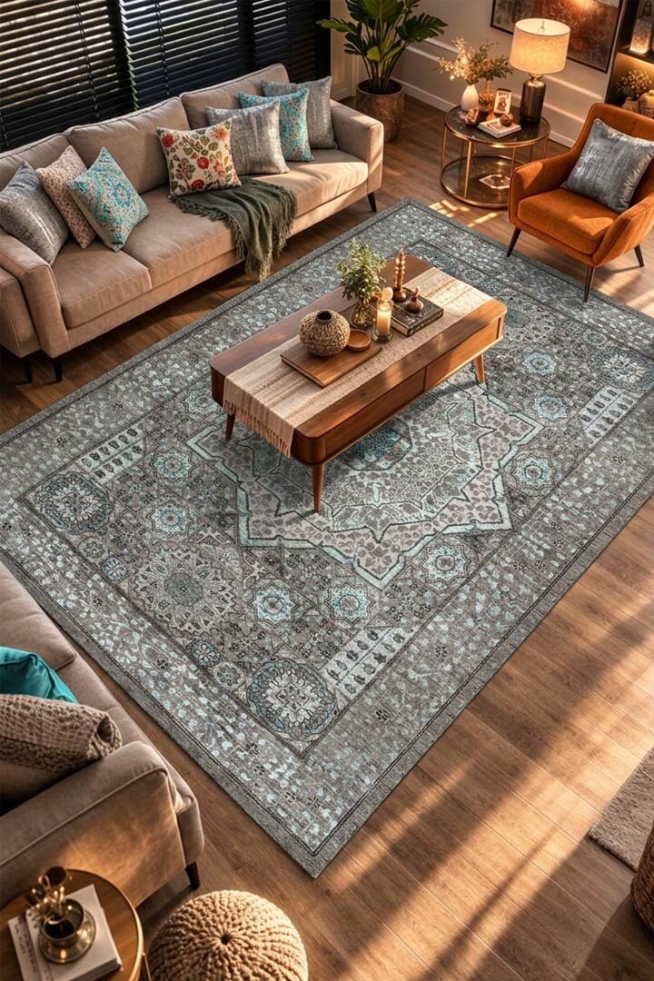 Frenda Home Vintage Desen Pamuk Taban Baskılı Yıkanabilir Gri Halı - Frenda