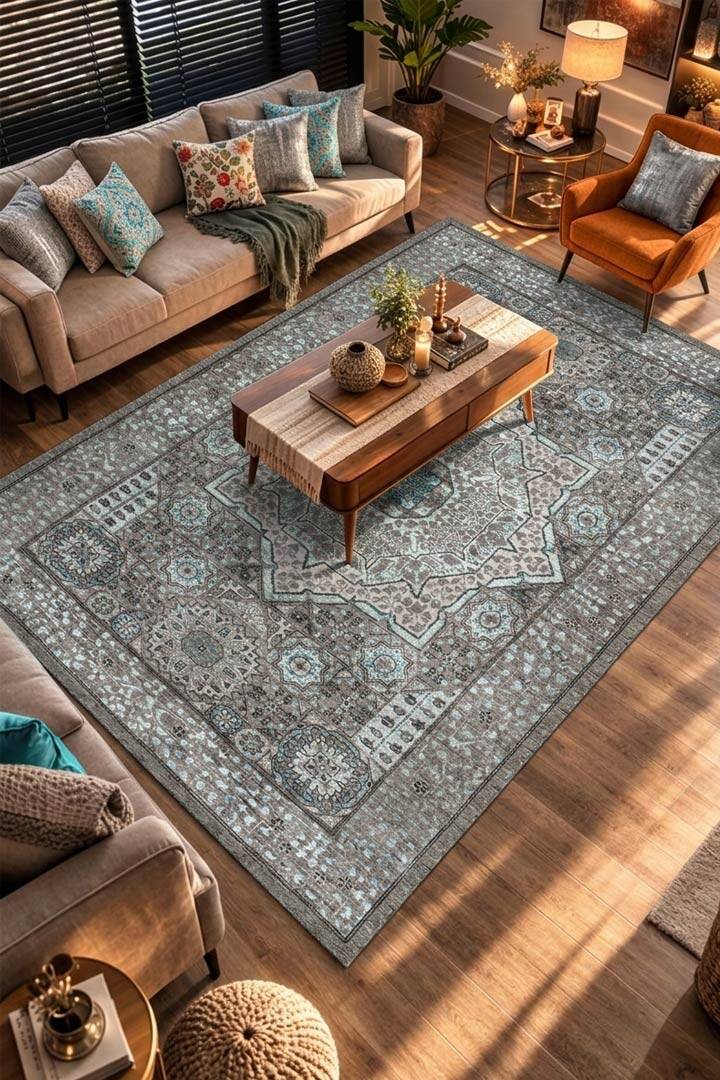 Frenda Home Vintage Desen Pamuk Taban Baskılı Yıkanabilir Gri Halı - 1