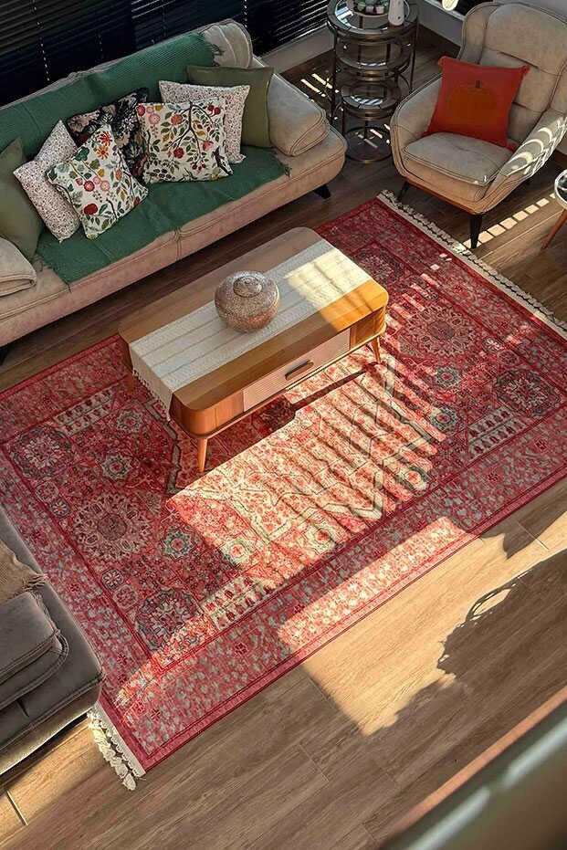 Frenda Home Vintage Desen Pamuk Taban Baskılı Yıkanabilir Halı - Frenda