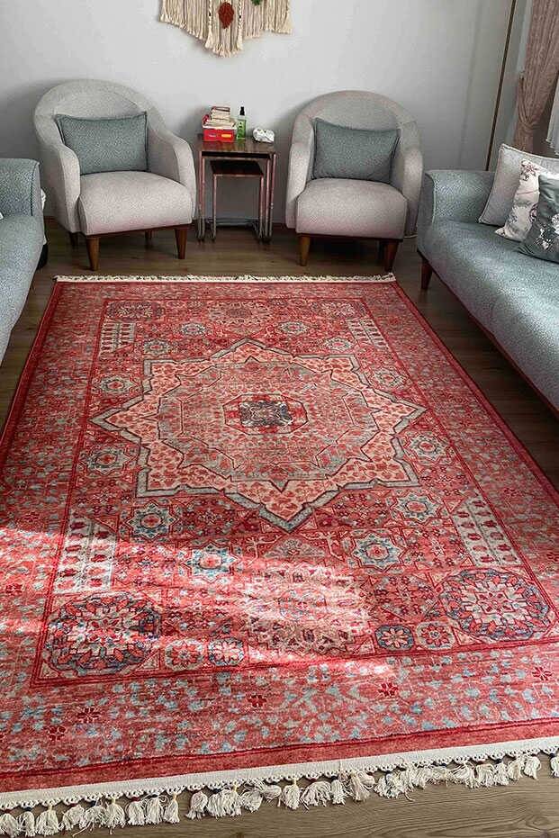 Frenda Home Vintage Desen Pamuk Taban Baskılı Yıkanabilir Halı - 8