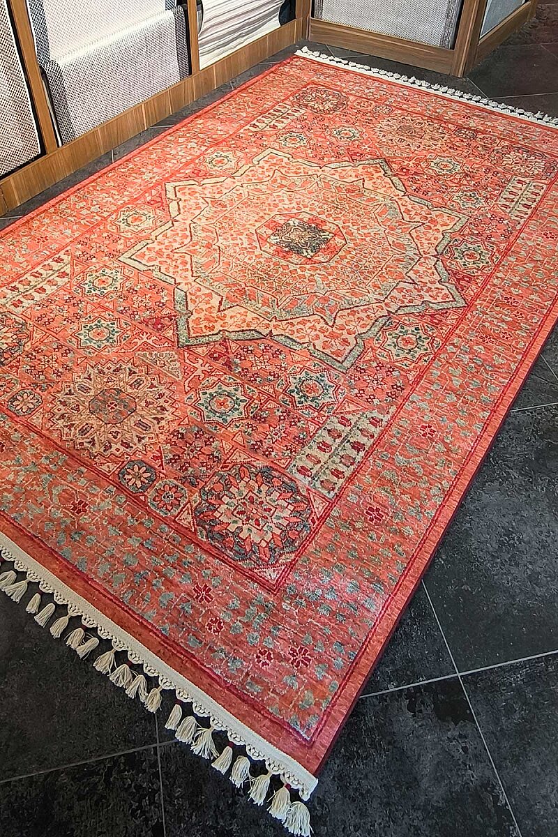 Frenda Home Vintage Desen Pamuk Taban Baskılı Yıkanabilir Halı - 4