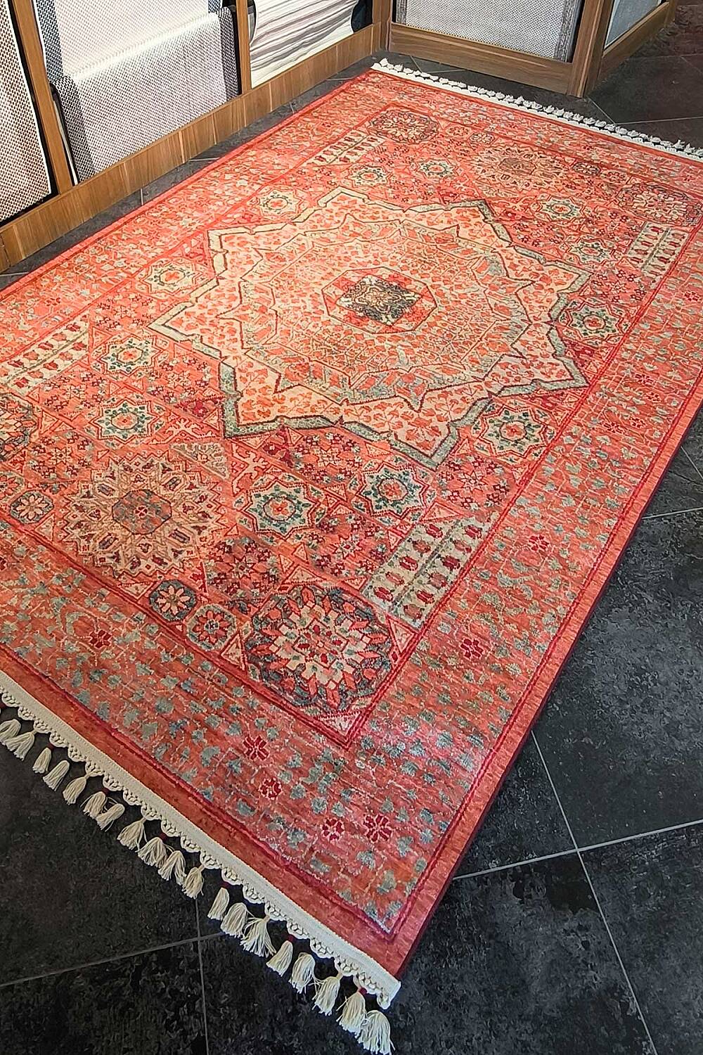 Frenda Home Vintage Desen Pamuk Taban Baskılı Yıkanabilir Halı - 4
