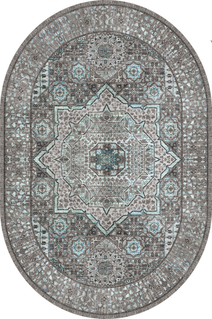 Frenda Home Vintage Desen Pamuk Taban Baskılı Yıkanabilir Oval Gri Halı - Frenda