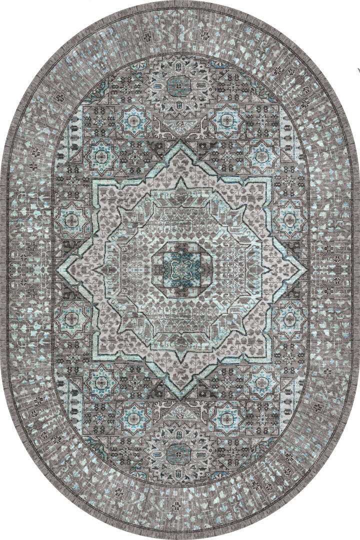 Frenda Home Vintage Desen Pamuk Taban Baskılı Yıkanabilir Oval Gri Halı - 1