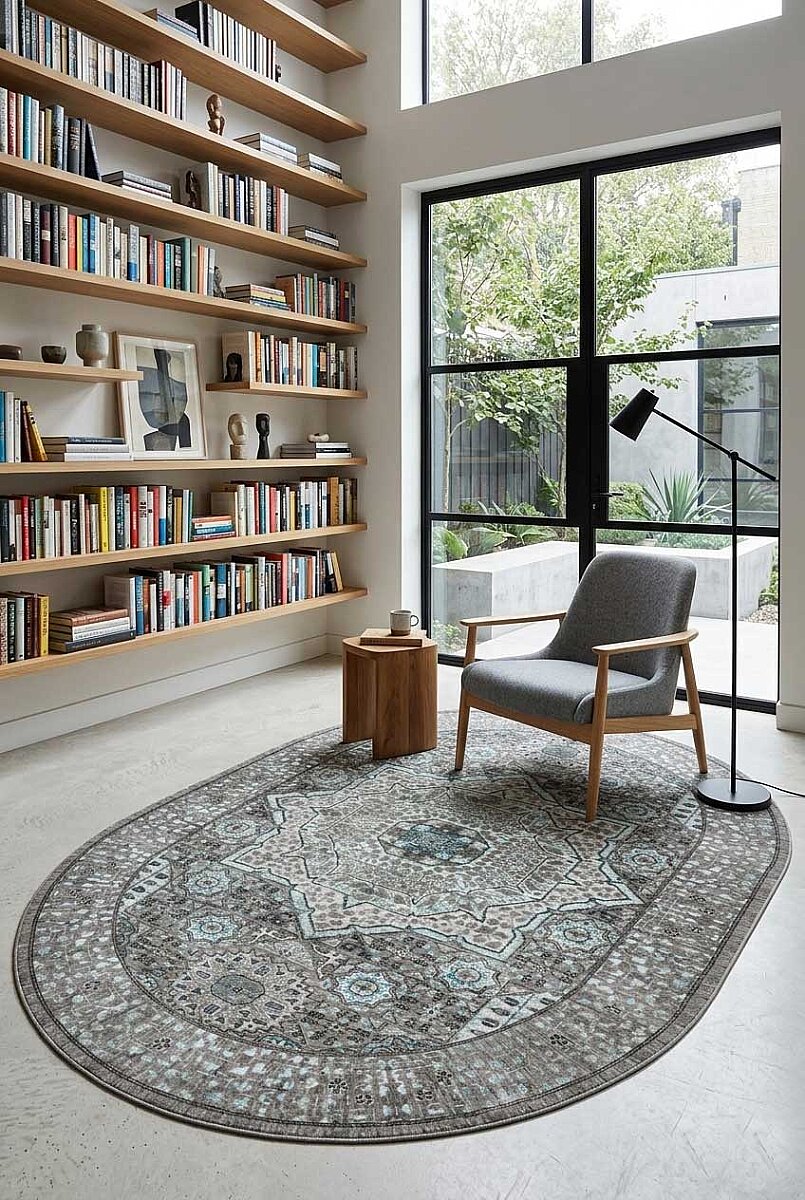 Frenda Home Vintage Desen Pamuk Taban Baskılı Yıkanabilir Oval Gri Halı 