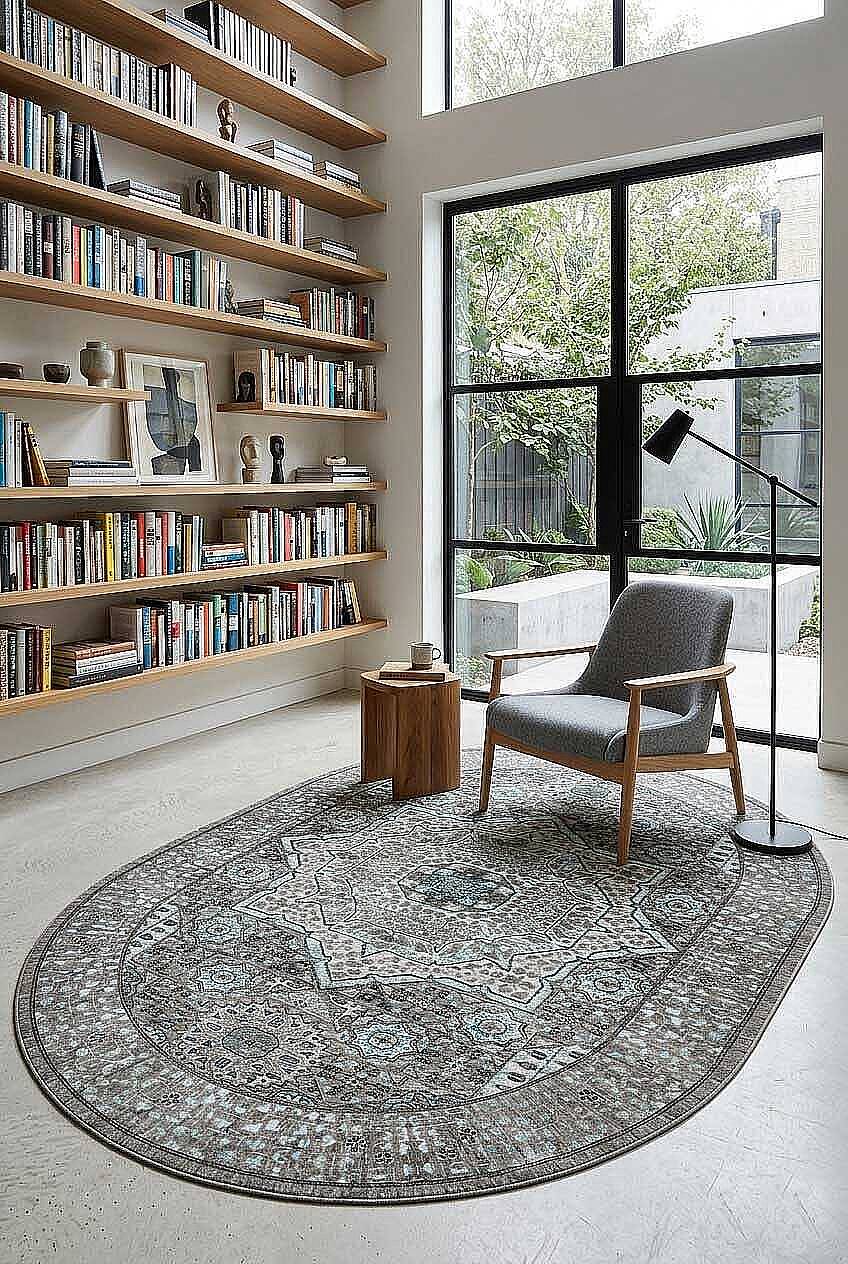 Frenda Home Vintage Desen Pamuk Taban Baskılı Yıkanabilir Oval Gri Halı - 1