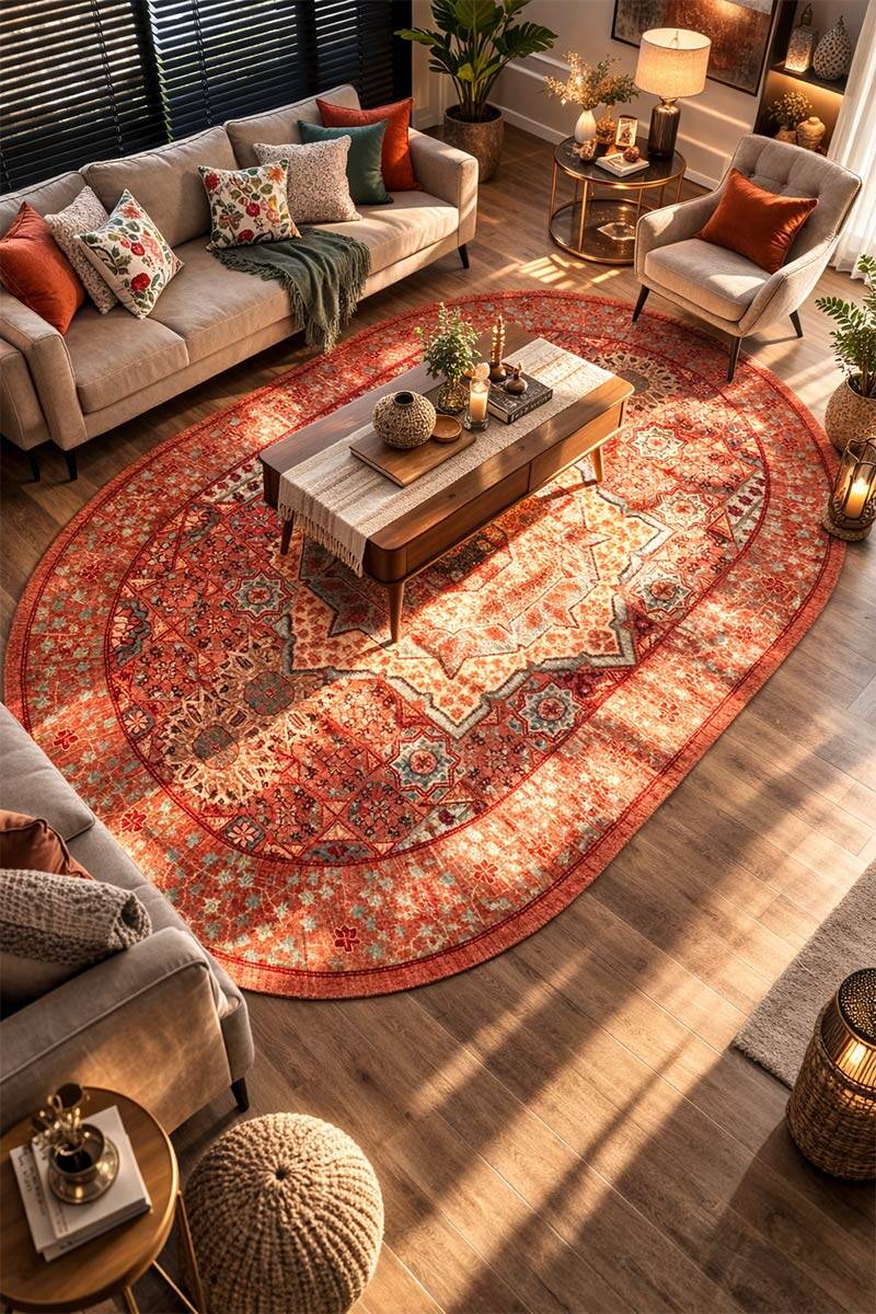 Frenda Home Vintage Desen Pamuk Taban Baskılı Yıkanabilir Oval Halı - 2