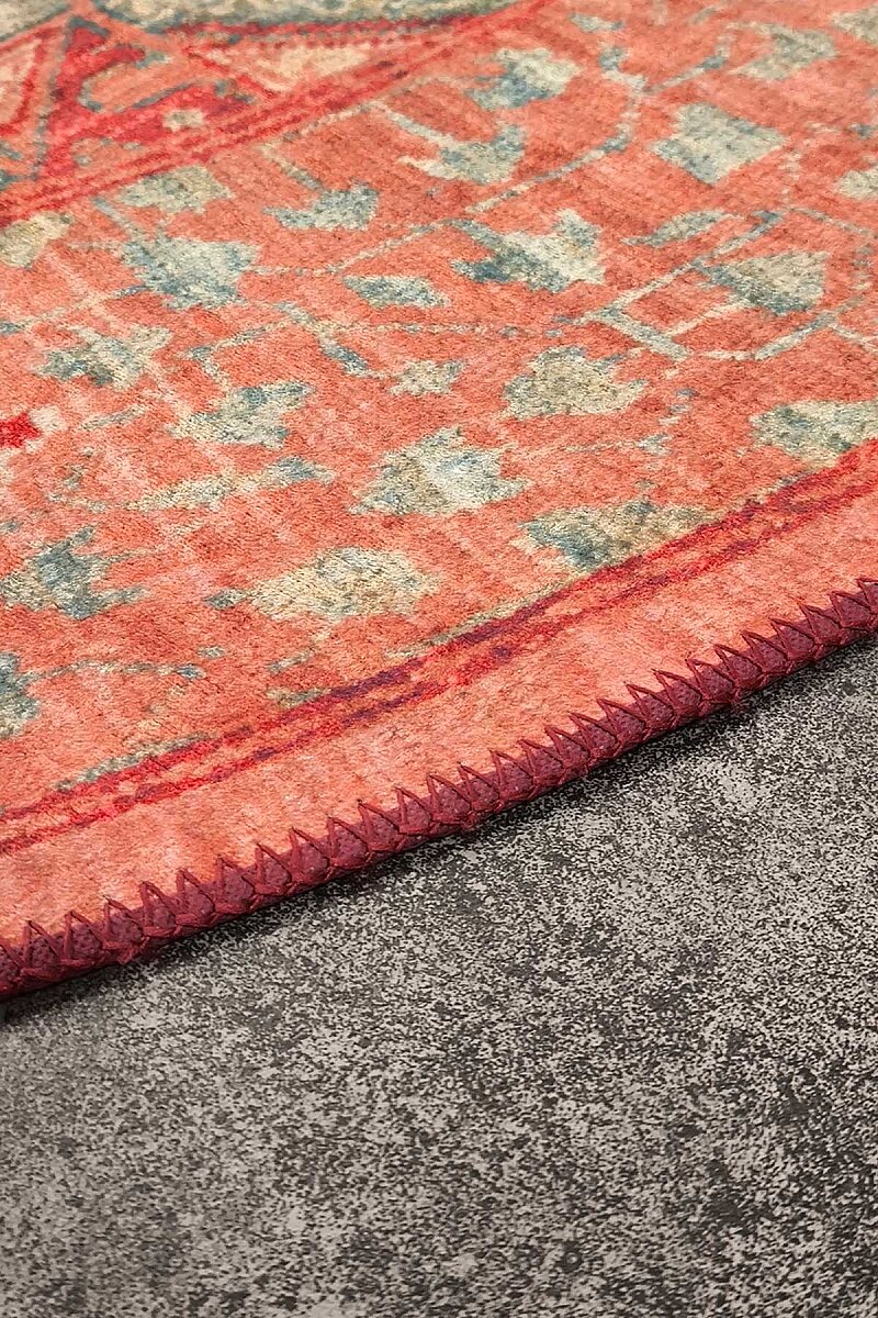 Frenda Home Vintage Desen Pamuk Taban Baskılı Yıkanabilir Oval Halı - 4