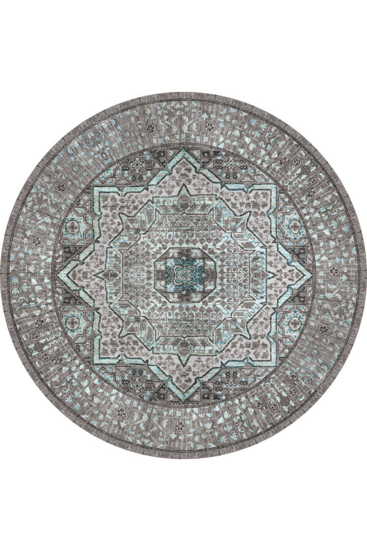 Frenda Home Vintage Desen Pamuk Taban Baskılı Yıkanabilir Yuvarlak Gri Halı - 1