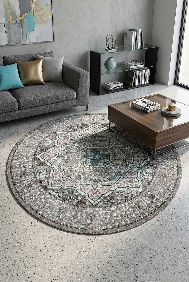 Frenda Home Vintage Desen Pamuk Taban Baskılı Yıkanabilir Yuvarlak Gri Halı 