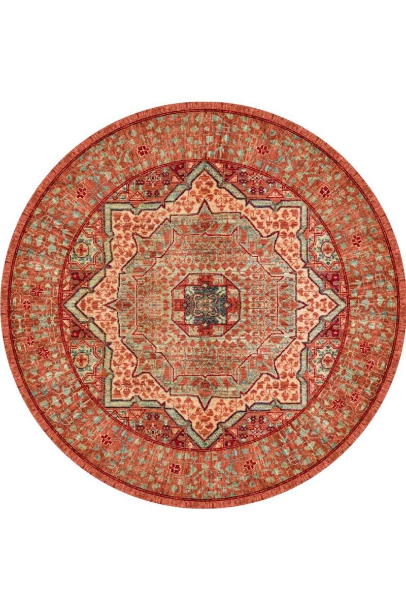 Frenda Home Vintage Desen Pamuk Taban Baskılı Yıkanabilir Yuvarlak Halı - 3