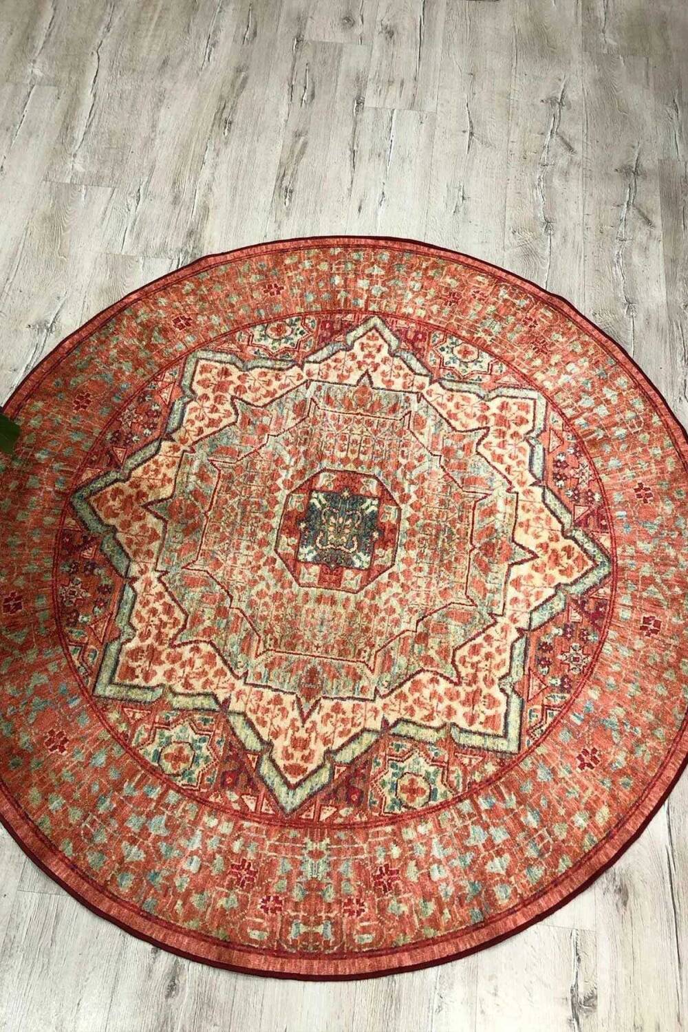 Frenda Home Vintage Desen Pamuk Taban Baskılı Yıkanabilir Yuvarlak Halı - 5