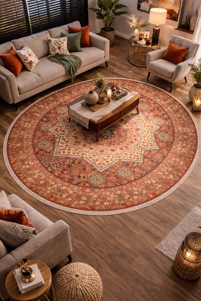 Frenda Home Vintage Desen Pamuk Taban Baskılı Yıkanabilir Yuvarlak Halı - 1