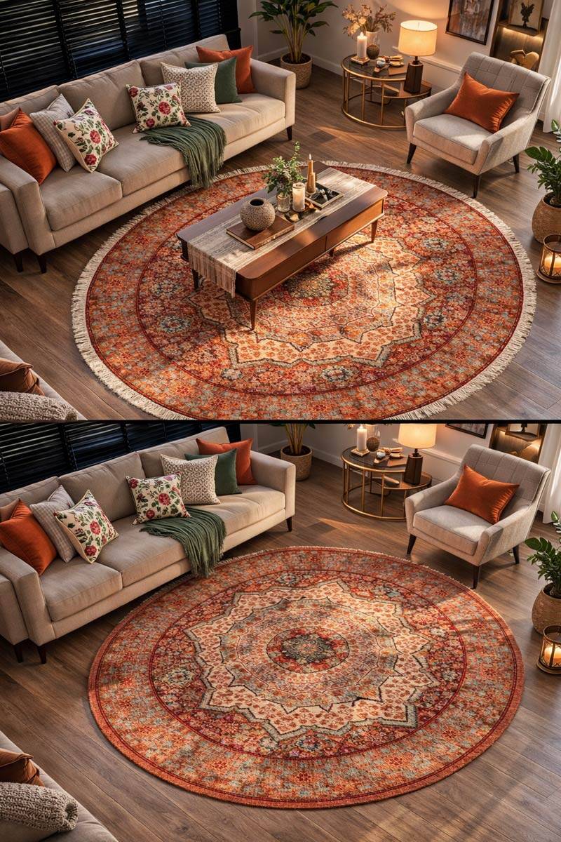 Frenda Home Vintage Desen Pamuk Taban Baskılı Yıkanabilir Yuvarlak Halı - 2