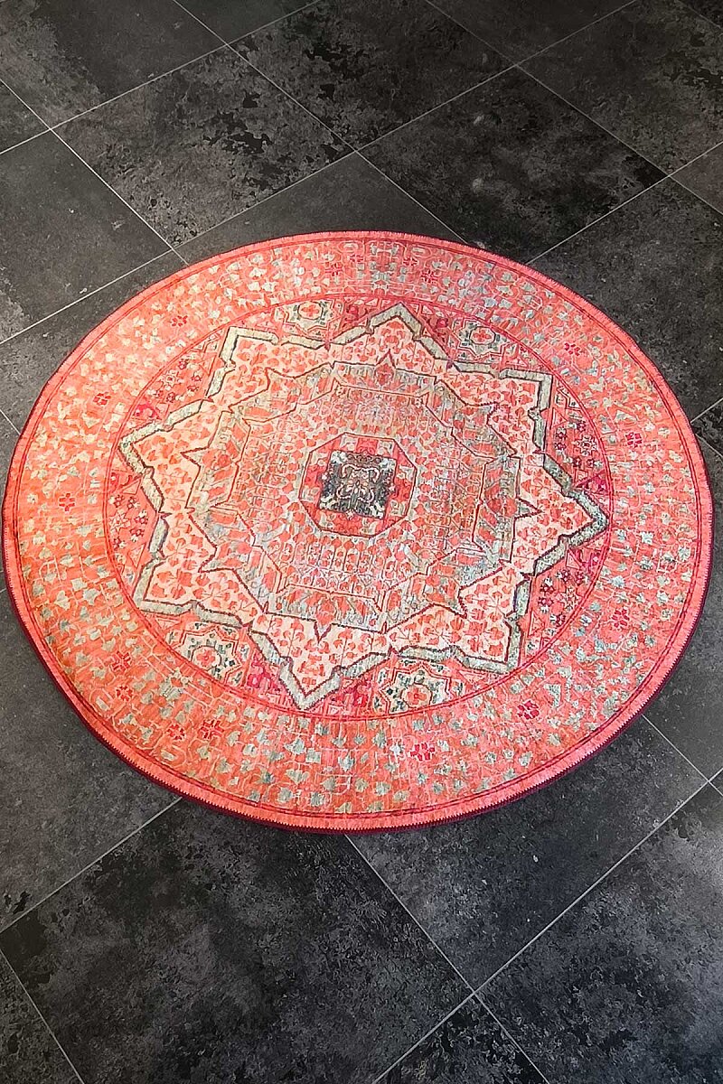 Frenda Home Vintage Desen Pamuk Taban Baskılı Yıkanabilir Yuvarlak Halı - 4