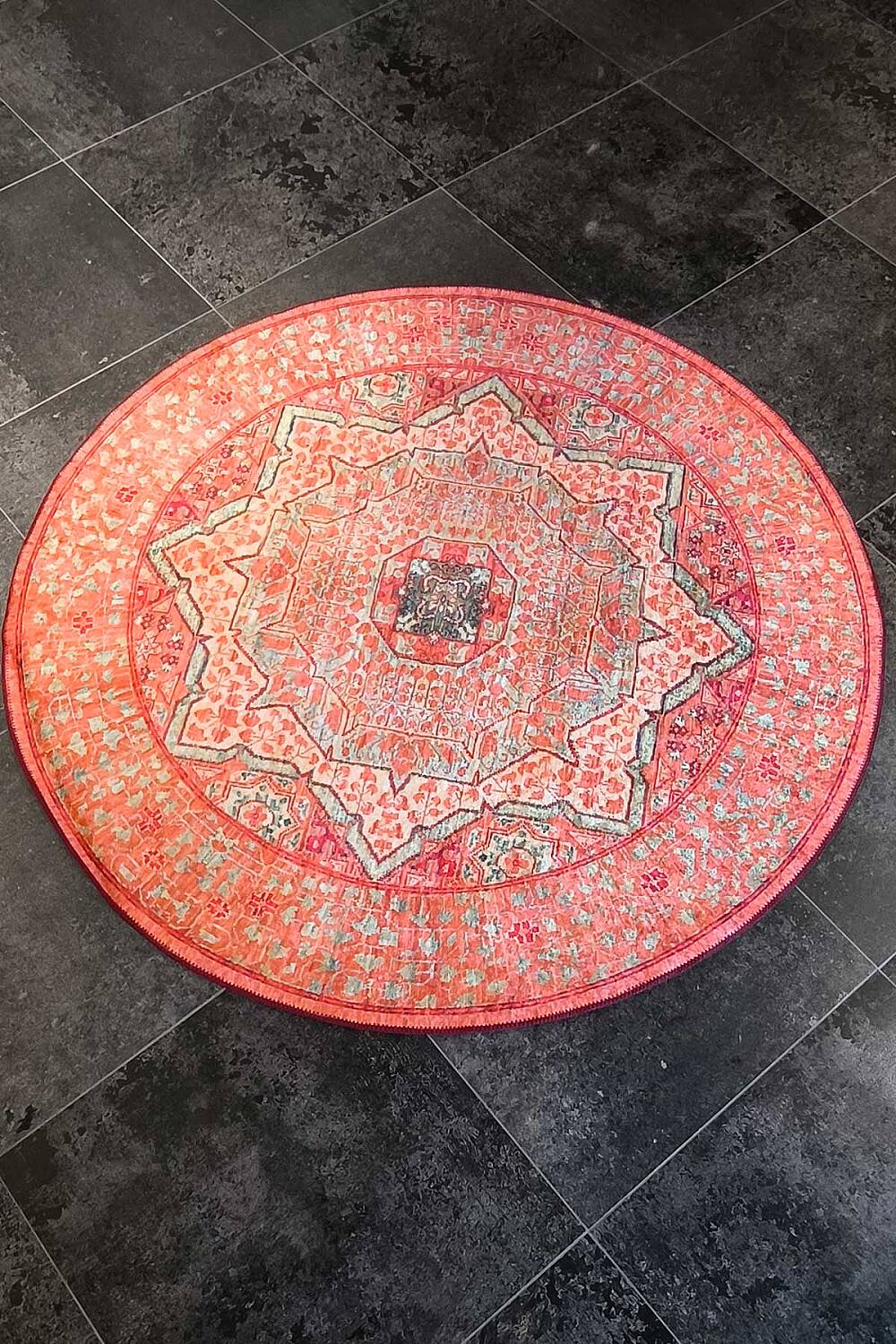 Frenda Home Vintage Desen Pamuk Taban Baskılı Yıkanabilir Yuvarlak Halı - 4