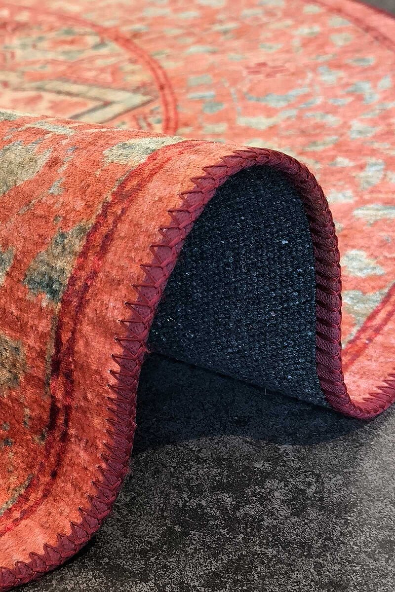 Frenda Home Vintage Desen Pamuk Taban Baskılı Yıkanabilir Yuvarlak Halı - 6