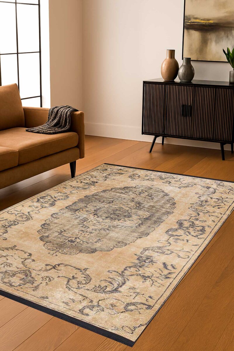 Frenda Home Vintage Desenli Yıkanabilir Pamuk Taban Halı Kahve - Frenda